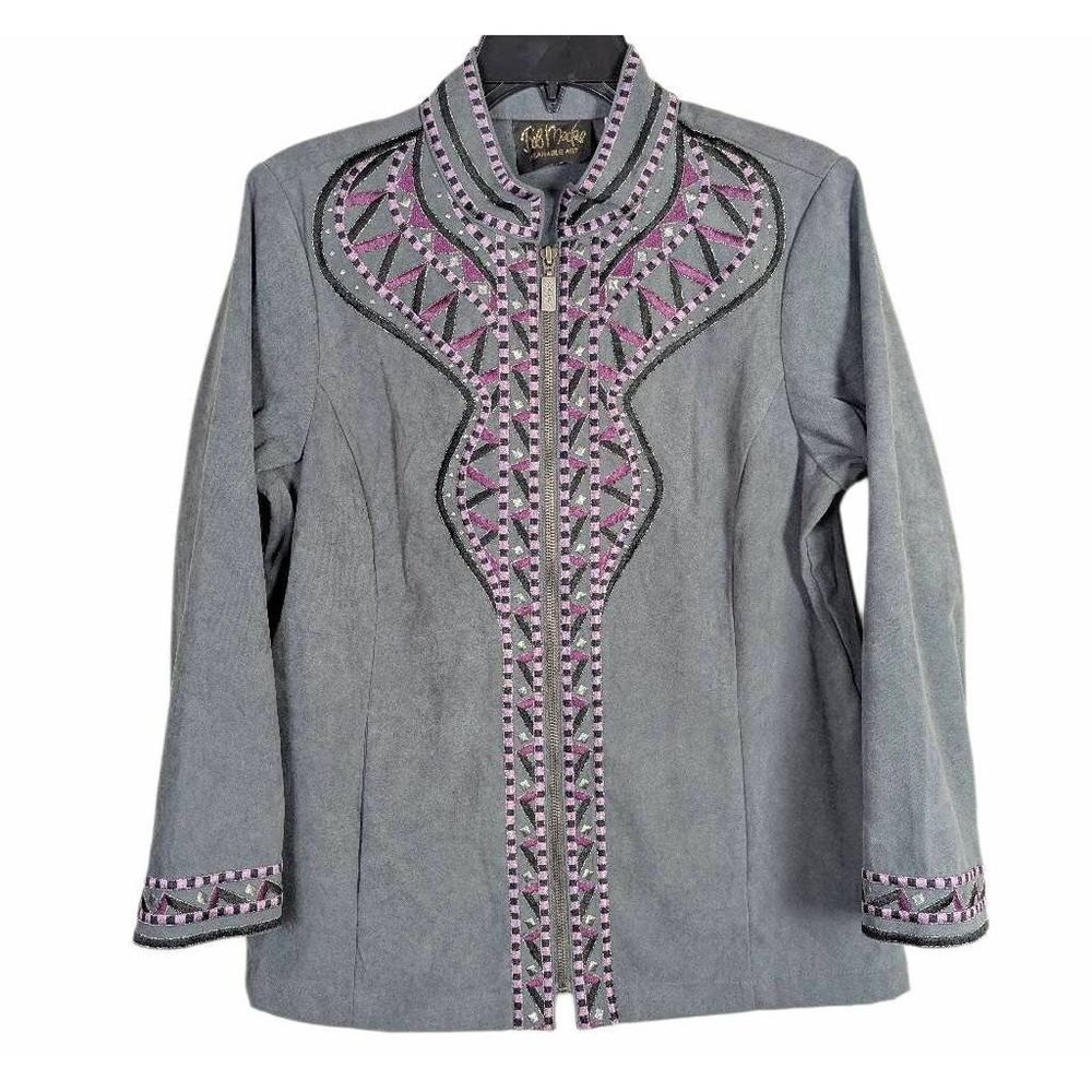 Bob Mackie Wearable Art Gray & Purple metallic embroidered zip jacket blazer S